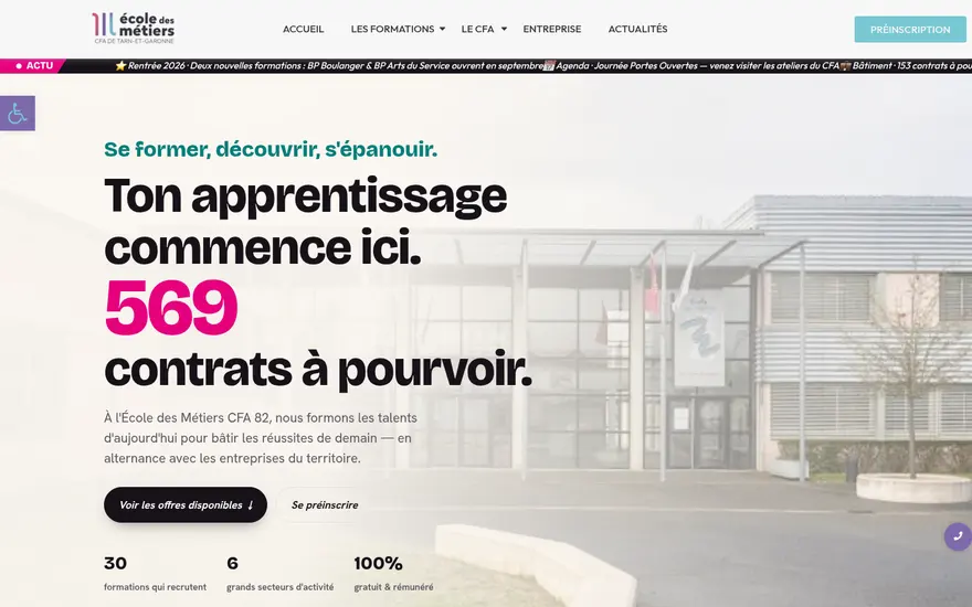 Page d’accueil du site École des Métiers CFA 82
